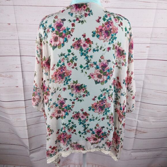 Mason + MacKenzie Pink Floral Open Cardigan Womens Size Medium Dolman Sleeves - Picture 4 of 11
